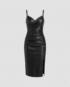 Women's form-fitting leather dress with slit