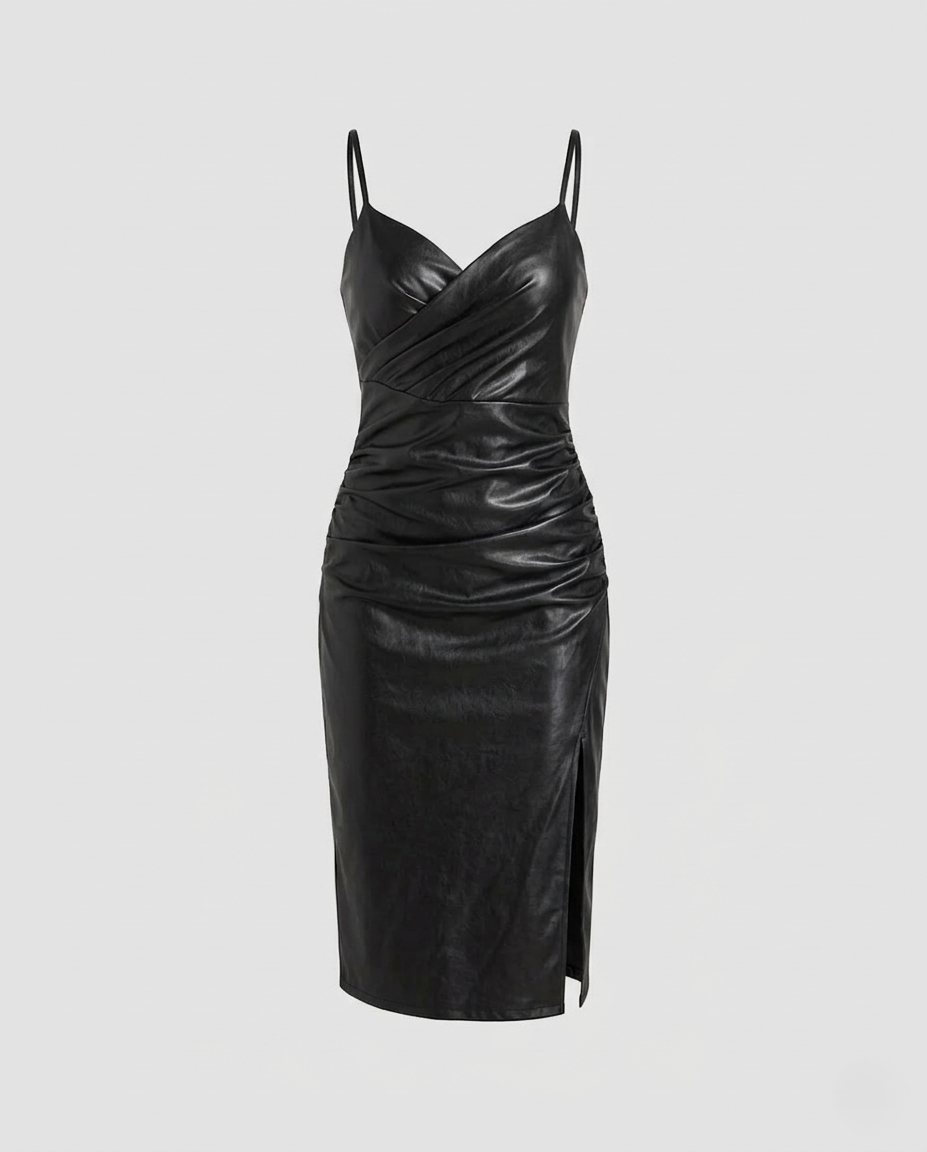 Women's form-fitting leather dress with slit
