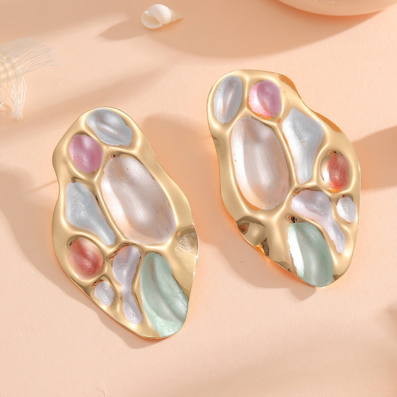 Ladies ear clips with elaborate, colorful shell design Hapa Style