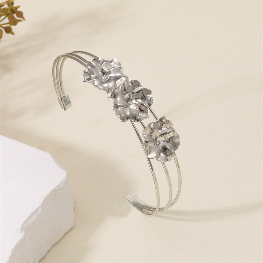 Women Open Bangle with Artistic Flower Motif Hapa Style