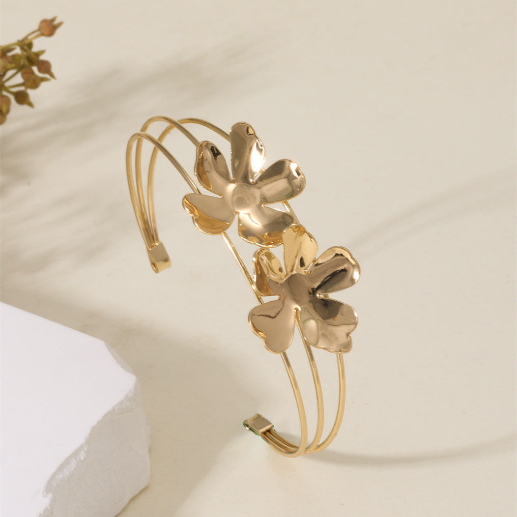 Women Open Bangle with Artistic Flower Motif Hapa Style
