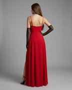 Women's Elegant Evening Dress with Flowing Skirt and Deep Slit