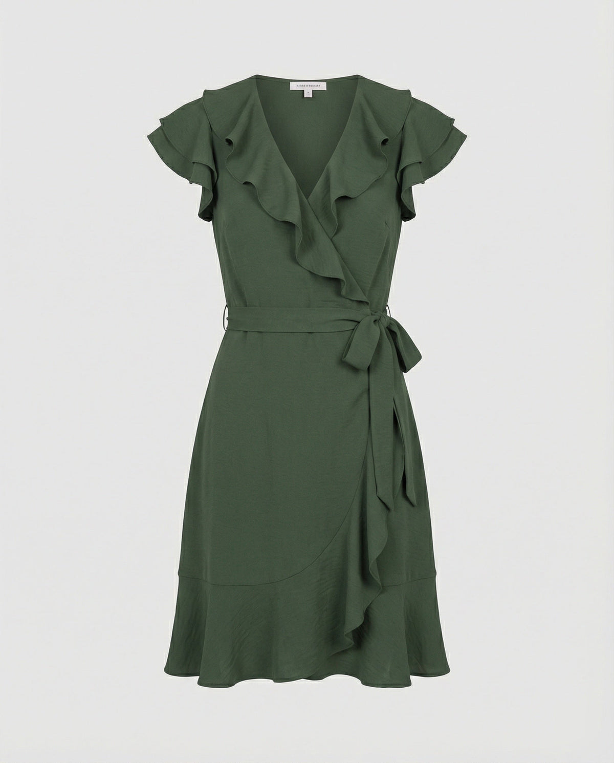 Women's wrap dress with voluminous ruffle details and waist belt