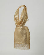 Women Functional Evening Dress with Sequins and Fringes
