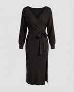 Ladies knit dress with elegant wrap design and decorative belt