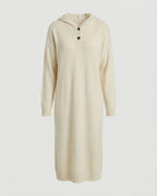 Women's hoodie dress made of soft knit material with button placket and hood