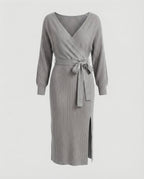 Ladies knit dress with elegant wrap design and decorative belt