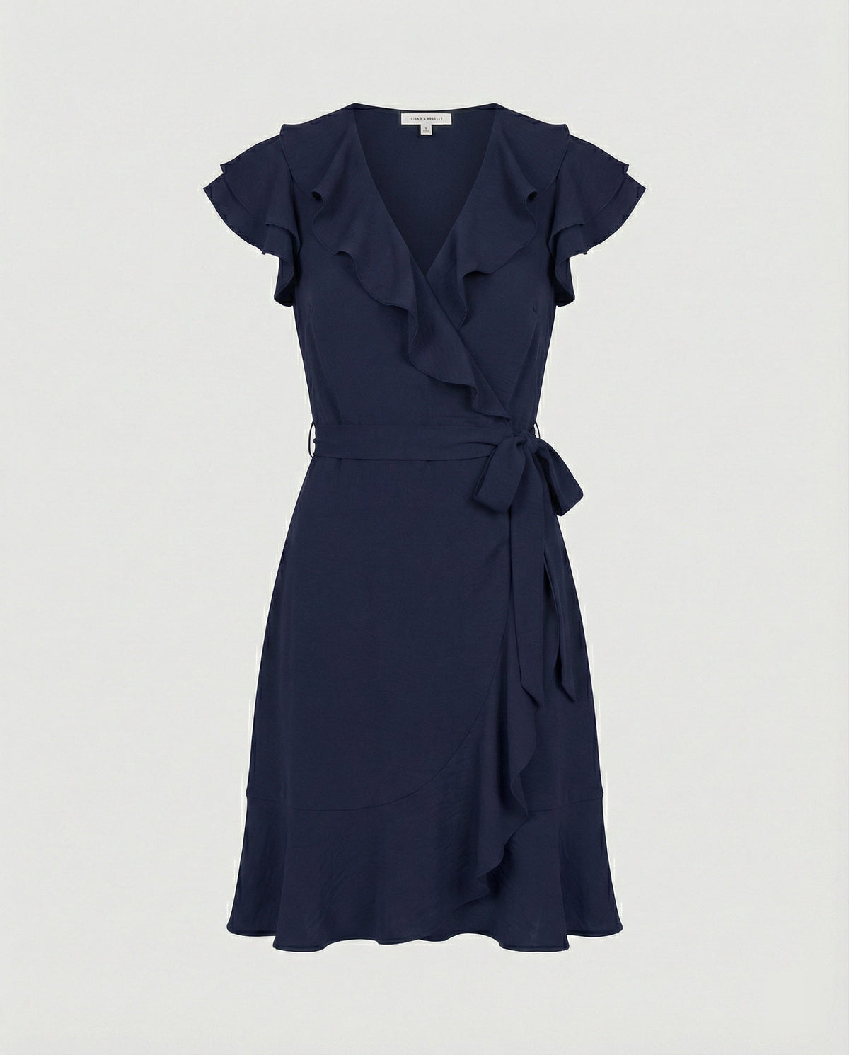 Women's wrap dress with voluminous ruffle details and waist belt