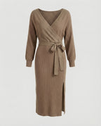 Ladies knit dress with elegant wrap design and decorative belt