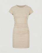 Figure-hugging mini dress with round neck and gathers for summer