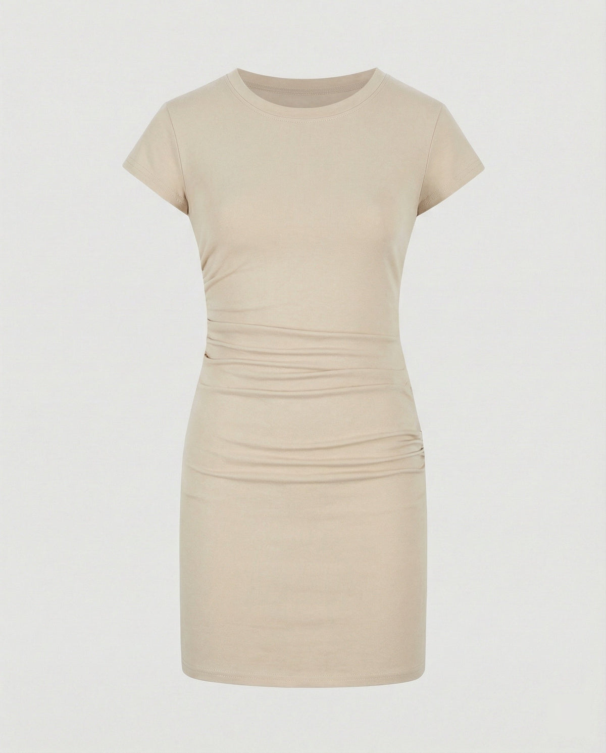 Figure-hugging mini dress with round neck and gathers for summer