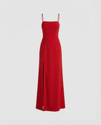 Women's Elegant Evening Dress with Flowing Skirt and Deep Slit