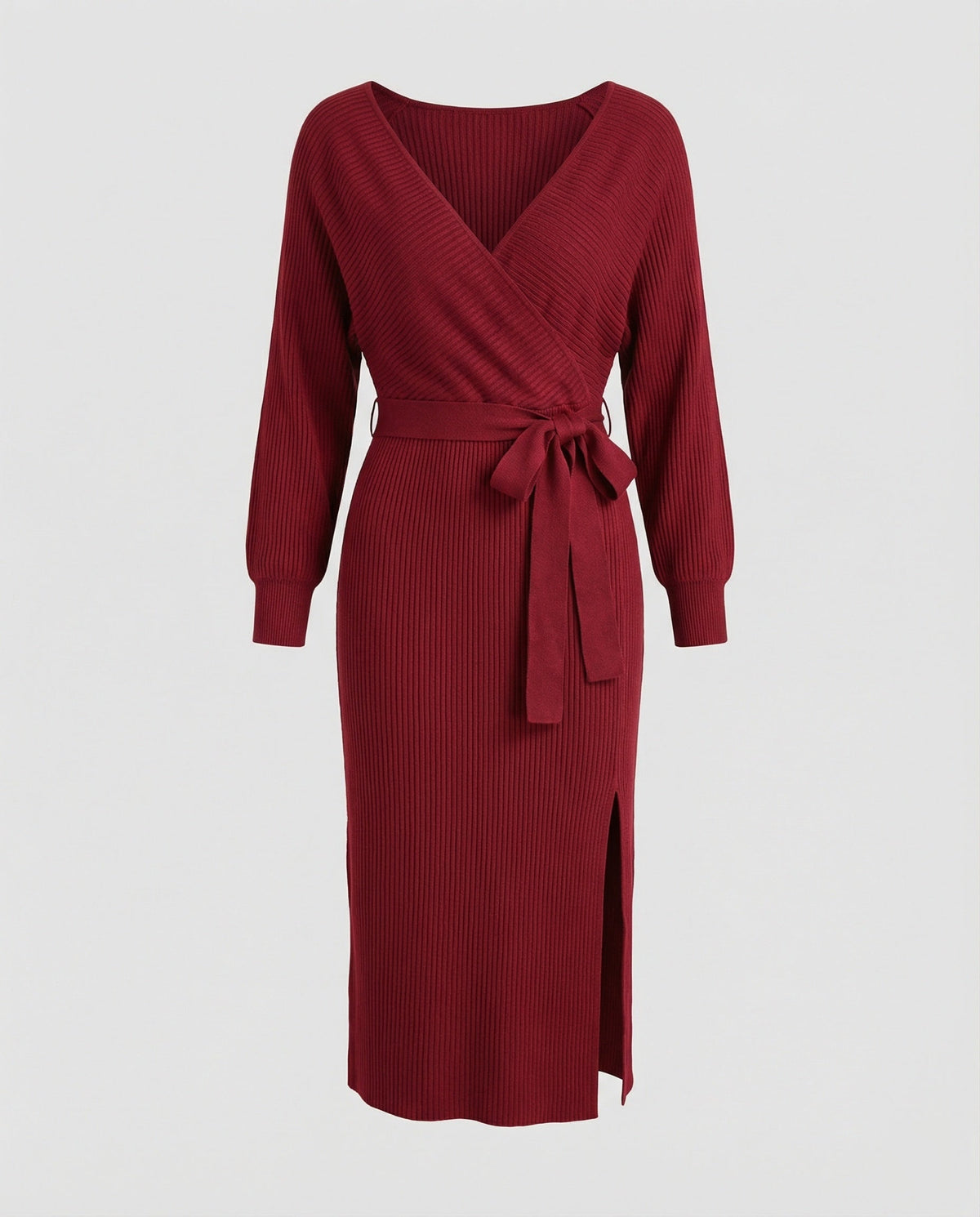 Ladies knit dress with elegant wrap design and decorative belt