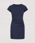 Figure-hugging mini dress with round neck and gathers for summer